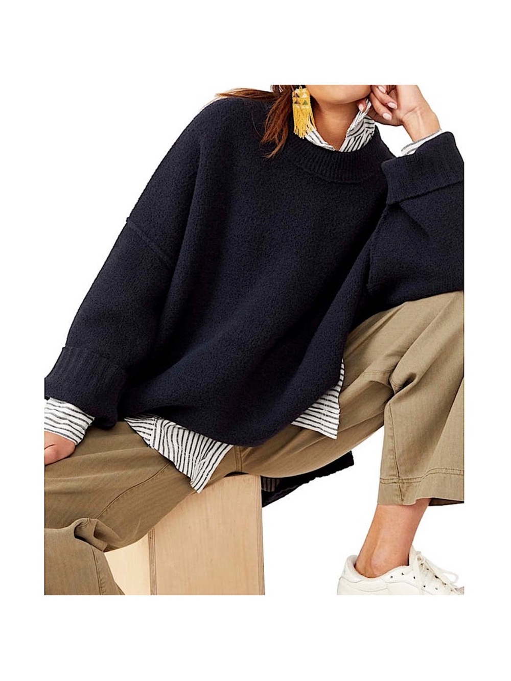 Free People Peaches Oversized High Low Sweater Navy XS